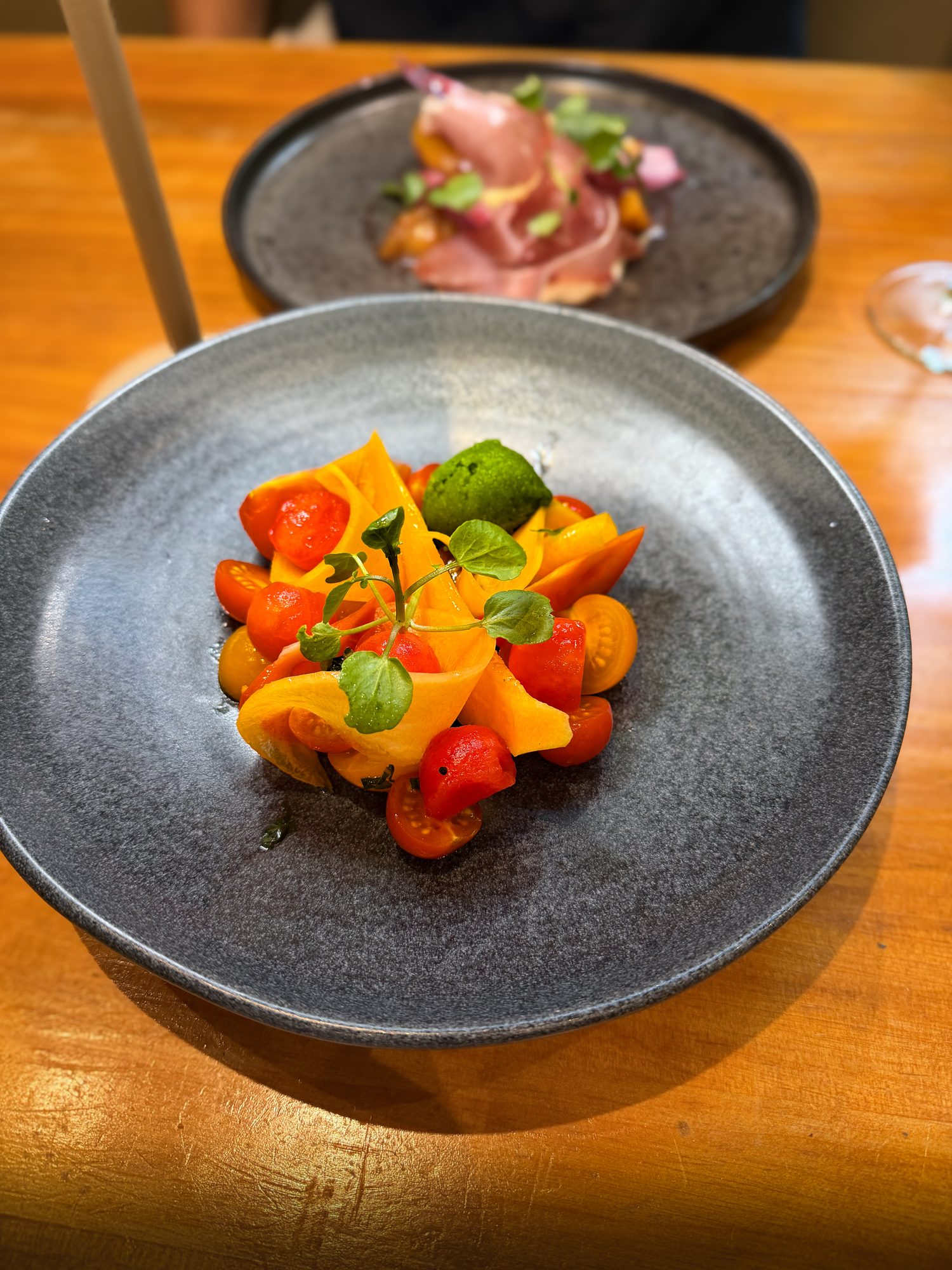 Cantaloupe, watermelon and tomato with a scoop of basil sorbet