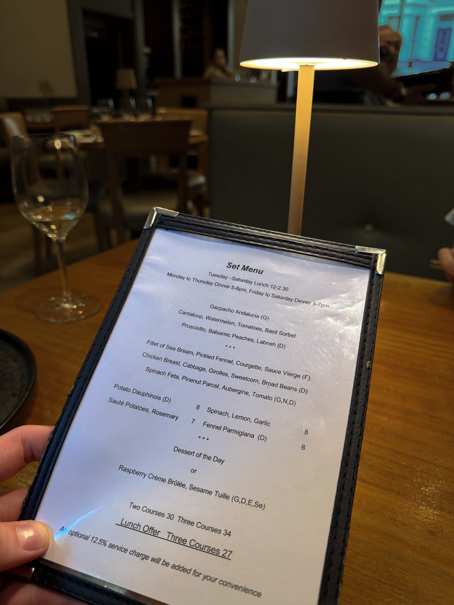 The printed set menu at Bradley's: two courses £30, three courses £34, lunch offer three courses £27