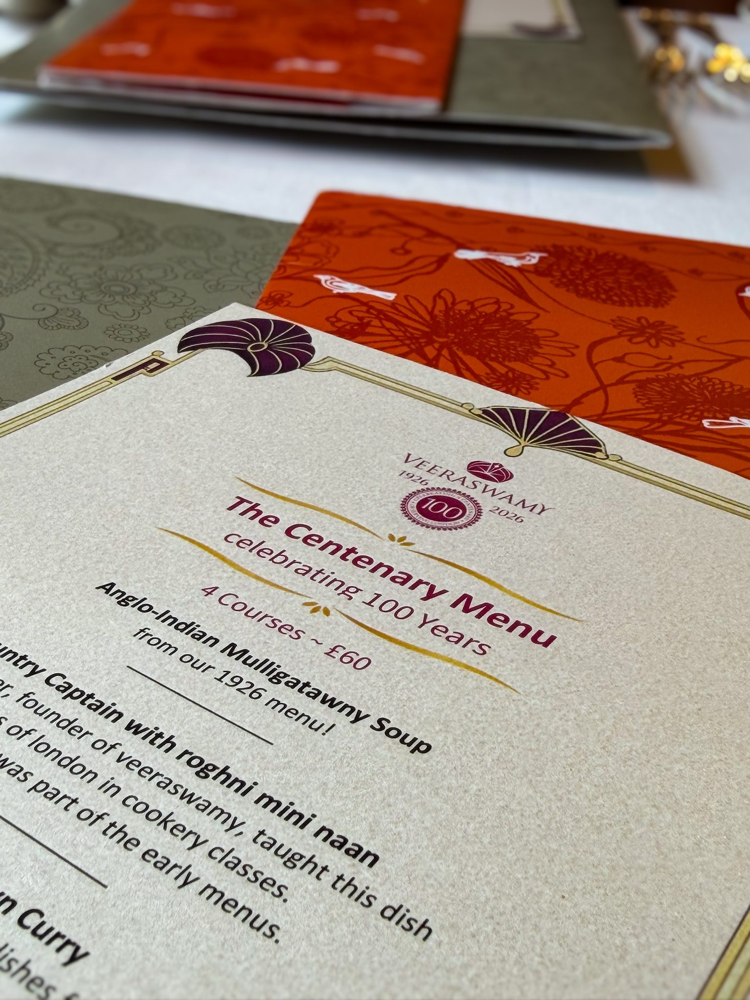 The printed Centenary Menu card at Veeraswamy, with notes on the history of each dish