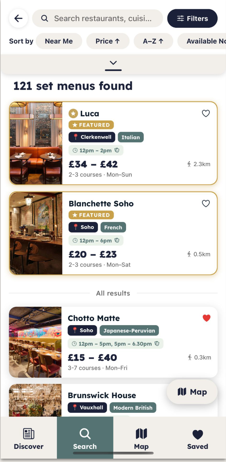 Example of a featured set menu pinned to the top of All Set search, with a gold Featured badge