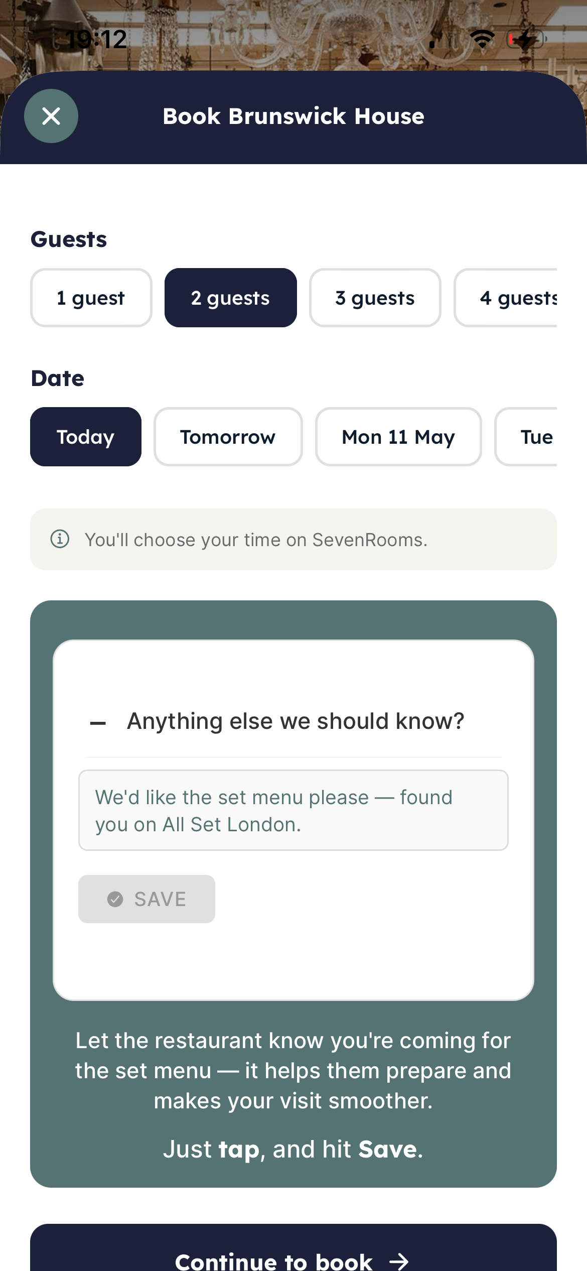 Booking screen with guest count, date selector, and a pre-filled note reading 'We'd like the set menu please — found you on All Set London'.