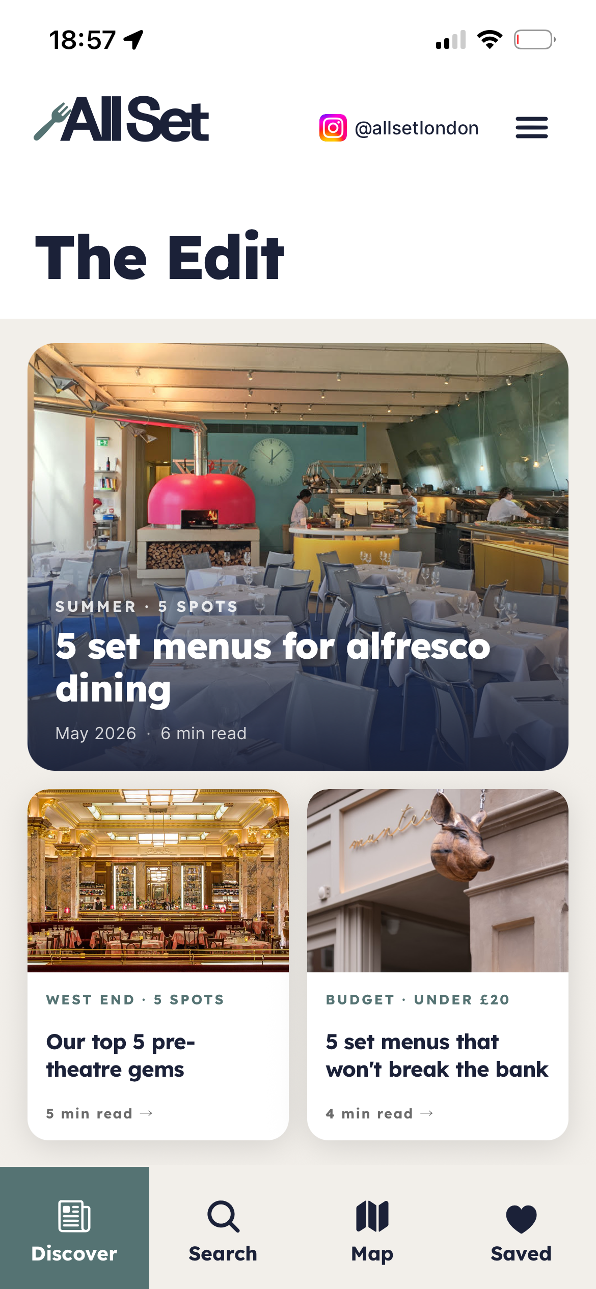 The Edit section showing curated articles including '5 set menus for alfresco dining' and 'Our top 5 pre-theatre gems'.