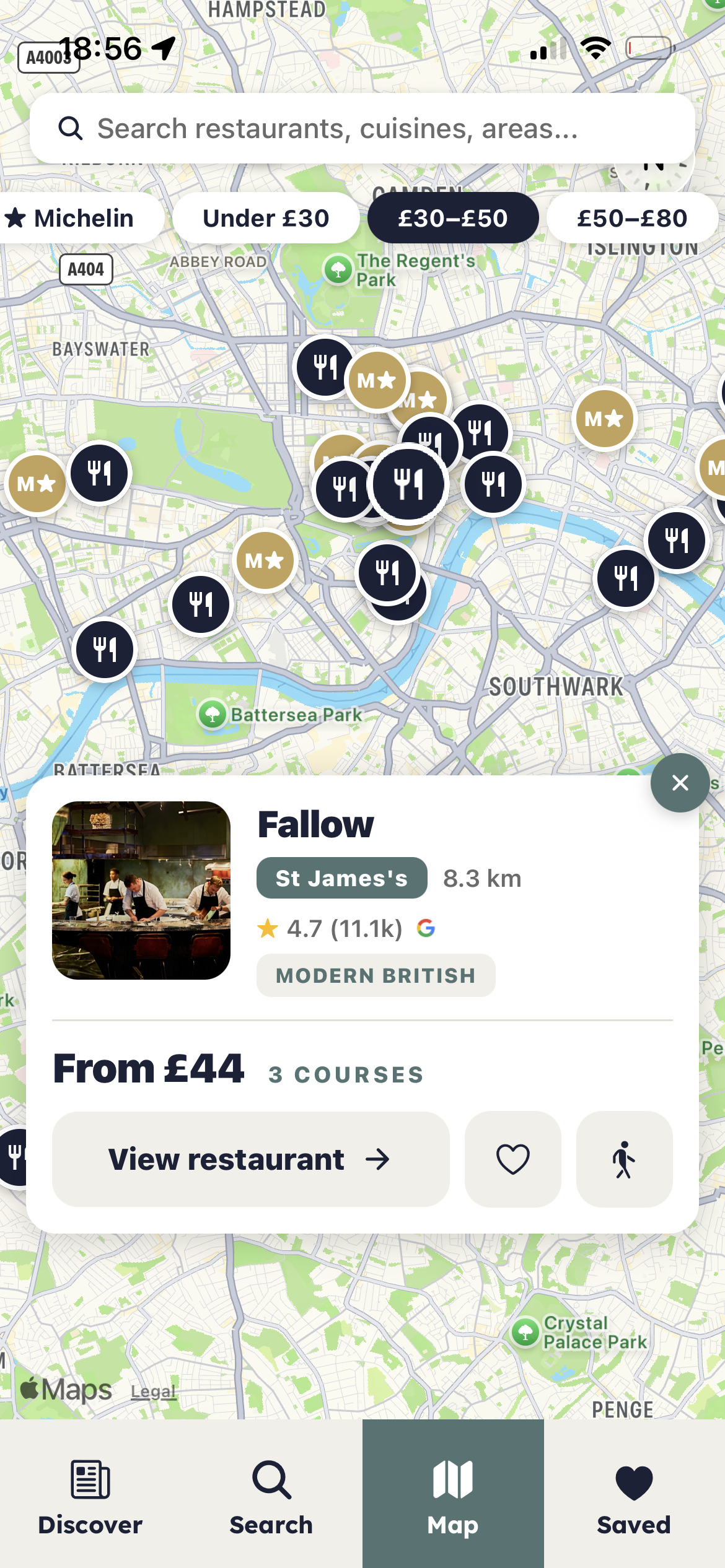Map of central London with restaurant pins, price filter chips, and a card preview for Fallow restaurant in St James's.