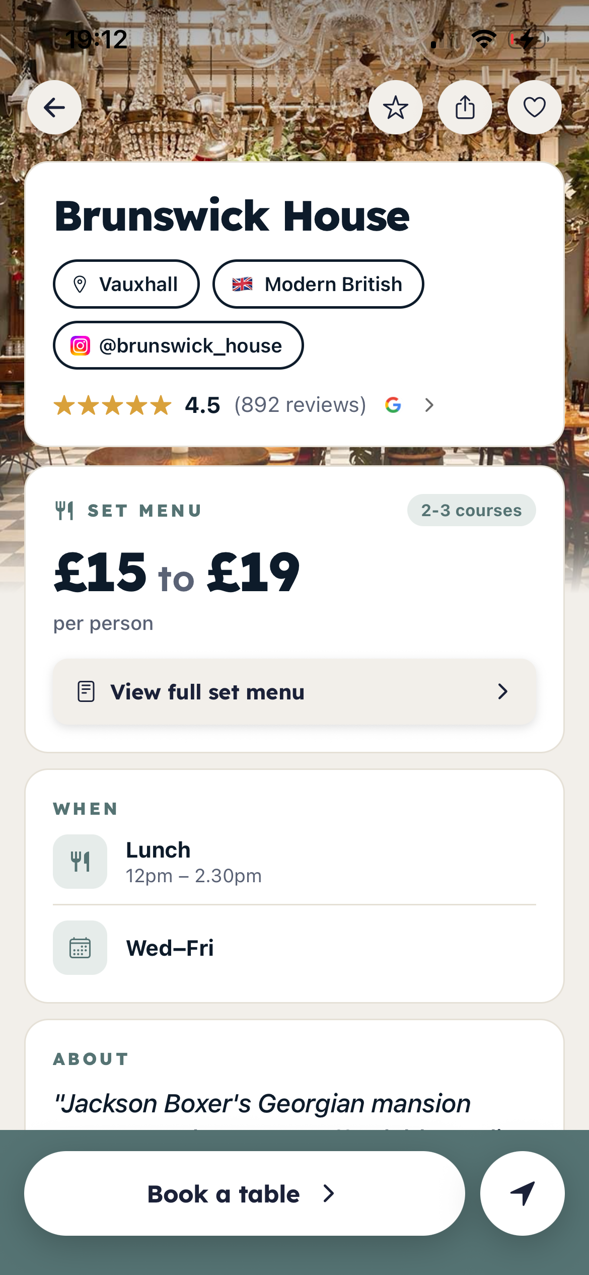 Restaurant detail page for Brunswick House in Vauxhall showing a £15 to £19 set menu price, lunch availability Wednesday to Friday, and a Book a table button.